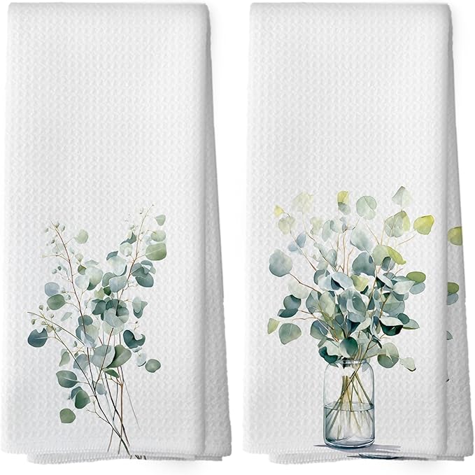 Sage Green Eucalyptus Botanical Kitchen Towels Set of 2, Watercolor Eucalyptus Bathroom Decor, Sage Green Kitchen Decor Hand Towel, Leaves Tea Towel Dish Towels 16x24 Inch