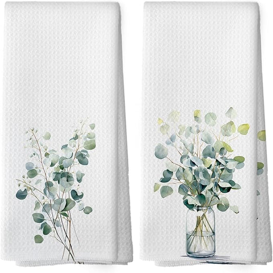 Sage Green Eucalyptus Botanical Kitchen Towels Set of 2, Watercolor Eucalyptus Bathroom Decor, Sage Green Kitchen Decor Hand Towel, Leaves Tea Towel Dish Towels 16x24 Inch