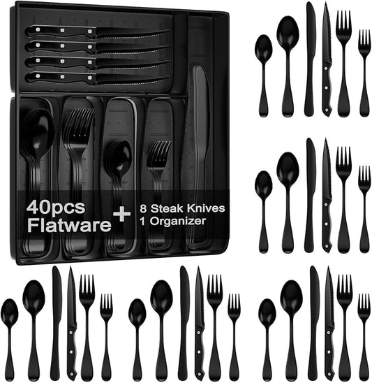 49-Piece Black Silverware Set with Organizer, Stainless Steel Flatware Set for 8 with Drawer Tray, Cutlery Steak Knives Fork Spoon for Home Restaurant, Mirror Finish, Dishwasher Safe