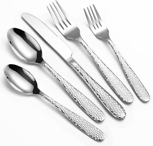 Hammered Silverware Set, 20-Piece Heavy Duty Stainless Steel Flatware Sets for 4, Food-Grade Cutlery Set for Home Restaurant, Mirror Polished, Dishwasher Safe