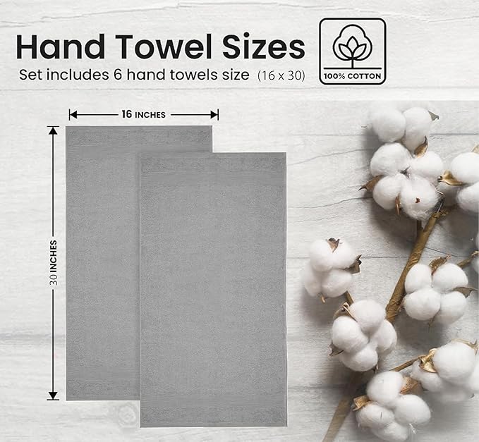 Premium Hand Towels Pack of 6 (16" x 30”) 100% Combed Ring Spun Cotton | Highly Absorbent Hand Towels Set | Ultra Soft for Home, Gym & Spa (Silver Grey)