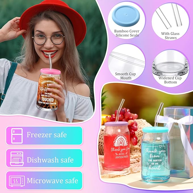 Layhit 12 Set Employee Appreciation Gifts Thank You Glass Cups for Staff Coworker 16 oz Can Shaped Beer Glass with Lids Straws Brushes Gift Boxes Ribbon for Nurse Teacher Week Mothers Day(Team B)