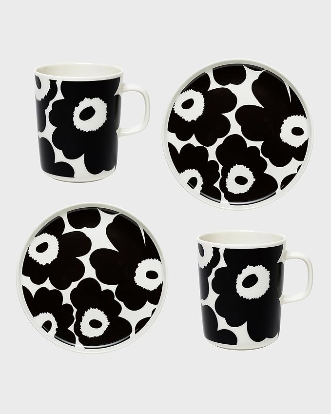 MARIMEKKO Oiva Unikko Kitchen Dish Set (Black) – Floral Stoneware — Plate and Mug set of 2 — 8.8 oz Mugs and 8" Diameter Plates