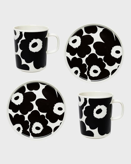 MARIMEKKO Oiva Unikko Kitchen Dish Set (Black) – Floral Stoneware — Plate and Mug set of 2 — 8.8 oz Mugs and 8" Diameter Plates