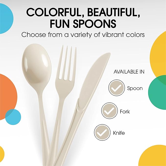 Party Solids Ivory Plastic Spoons 200 Pieces Ivory Spoons Disposable Utensils Heavy Duty Plastic Cutlery Set Disposable Cutlery Sets Flatware Sets Silverware Set Party Supplies & Party Tableware