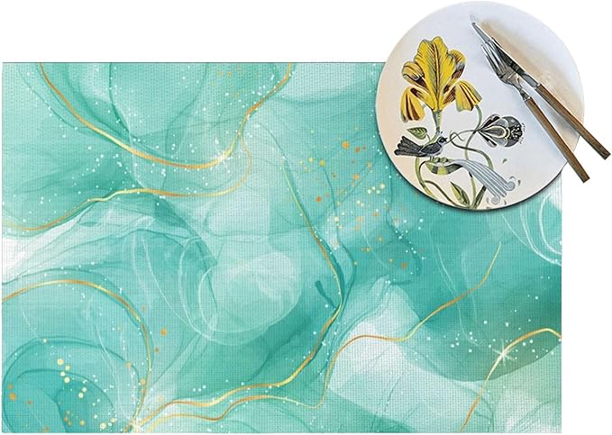 Teal Gold Marble Placemats Set of 4, Linen 12"x18" Green Turquoise Place Table Mat Washable Heat Resistant for Kitchen Dining Holiday Party Modern Home Decor