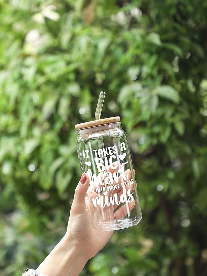 Christmas Teacher Appreciation Gifts, 16oz Glass Cup with Straw and Lid, Thanksgiving Teacher Gifts for Women, Christmas Teachers Appreciation Week, Birthday, Back To School,Retirement