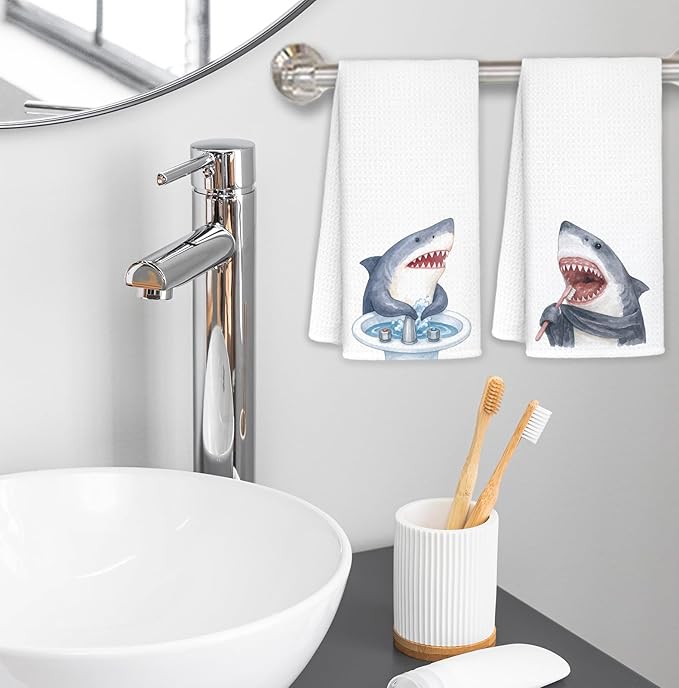 Shark Hand Towels,Toddler Bathroom Decor,Beach Towels,Coastal Beach Kids Bathroom Decor,Funny Shark Lovers Gifts 16x24 Inch Set of 2