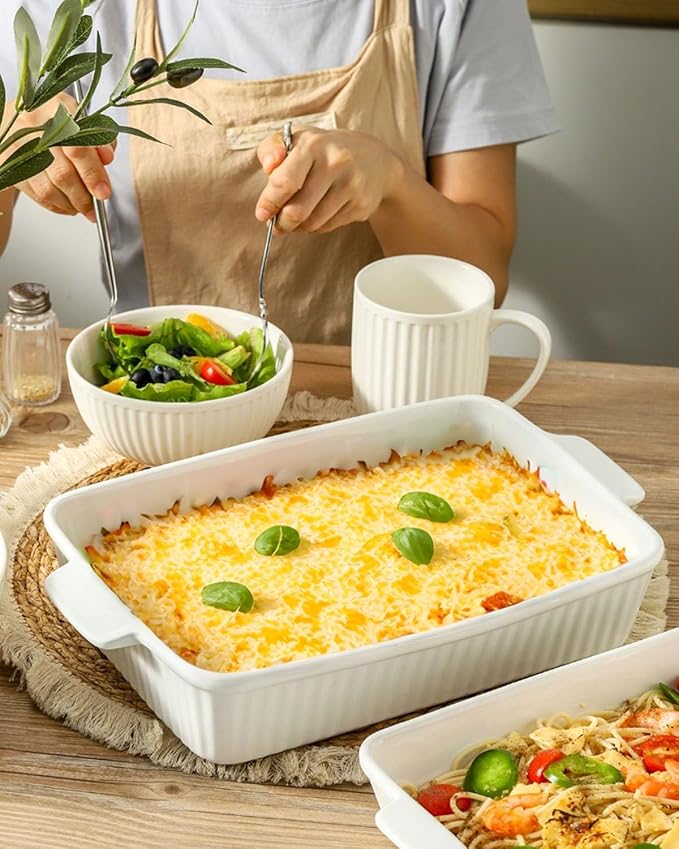 Hasense Rectangular Casserole Dishes for Oven, Ceramic Baking Dish, Baking Pans Set of 3, Lasagna Pan with Handle, Microwave & Dishwasher Safe, Wedding Mother's Day Gift, White(15"/12.2''/8.3'')