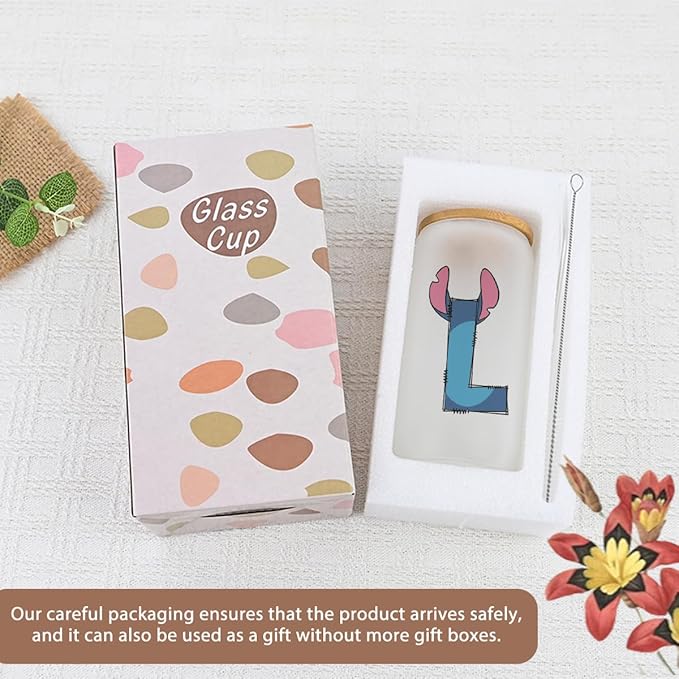 Cute Cartoon Lover Gifts Initial A-Z Personalized Iced Coffee Cup Cartoon Merch 16oz Glass Cup with Lid and Straws Birthday Christmas Gifts for Women Teen Girls Fans (Letter L)