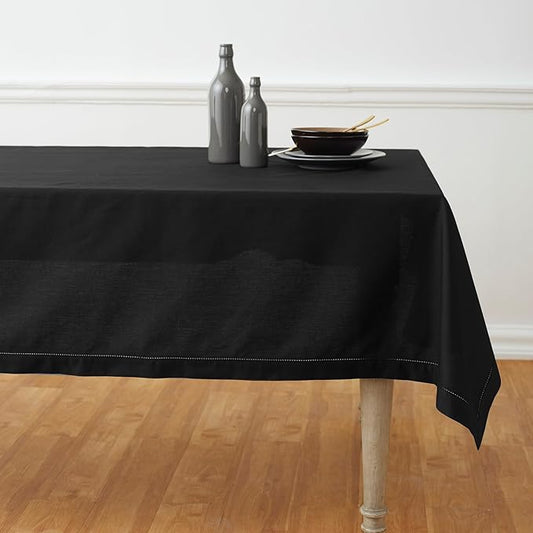 Solino Home Black Cotton Linen Tablecloth 58 x 156 Inch - Hemstitch Table Cloth for Rectangle Tables - Machine Washable Tablecloth for New Year