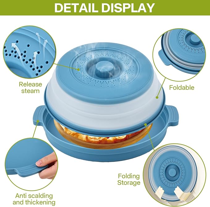 Microwave Splatter Cover for Food with Anti-scald Base Plate,Large Plastic & Silicone Vented Avoid Scalding Collapsible Guard Lid,Kitchen Essential Gadgets for Meal Prep-10.7 Inch (Blue)