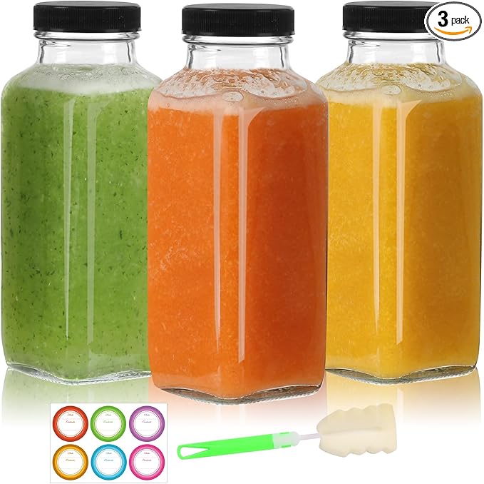 12 oz Glass Juice Bottles with Lids 3 Pack,Reusable Glass Drink Bottles,350ml Water Drinking Jars for Milk,Juicing,Kombucha,Ginger,Beverage Glassware,Juice Drinking Jars