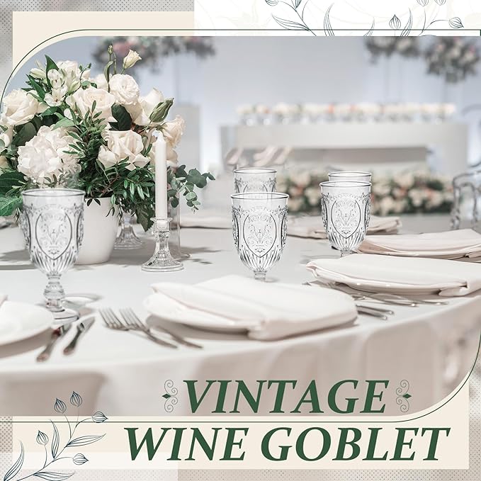 24 Pcs Plastic Goblets 7.5oz Vintage Goblet Plastic Wine Glasses Colored Retro Embossed Water Goblets for Wine Bar Juice Baby Shower Wedding Reception Grand Event Party (Clear)