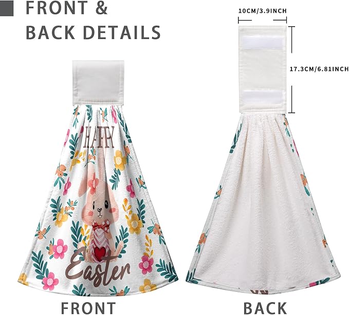 Easter Bunny Hanging Dish Towels 2 Pcs Easter Rabbit Soft Hand Tie Towels Spring Floral Kitchen Towel with Hanging Loop for Bathroom Kitchen Home Decor