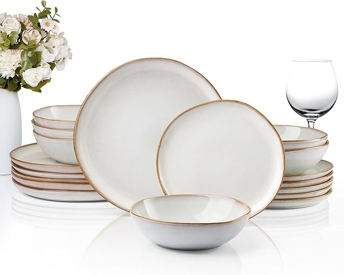HaWare Plates and Bowls Set, Stoneware Dinnerware Sets, 18-Piece Hand-painted Dishware for 6, Scratch Resistant Ceramic Dinner Set for Home Kitchen, Microwave and Dishwasher Safe, Reactive Pearl White