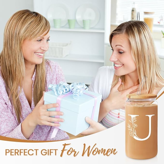 SANDJEST Monogrammed Gifts for Women - Monogram U Initial Glass Cup 16 Oz Can Coffee Cups with Lid and Straw - Monogram Initials Gifts for Womens on Birthday
