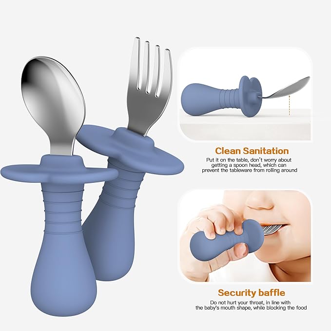 2 Pieces Toddler Utensils Forks and spoons set, Stainless Steel Childrens Silverware for Safe flatware Metal Kids Cutlery set with Round Handle, BPA Free, Anti-Choke Design (Dark Blue)