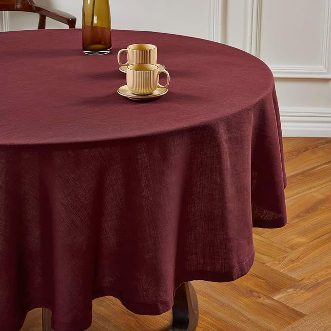 Solino Home Linen Round Tablecloth 70 Inch - 100% Pure Linen Cordovan Round Tablecloth - Machine Washable Table Cloth for New Year - Sonoma