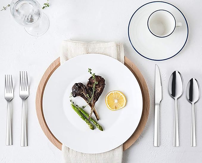 40-Piece Silverware Set, E-far Stainless Steel Flatware Set Service for 8, Modern Tableware Cutlery Set for Home and Restaurant, Square Edge & Mirror Finish, Dishwasher Safe