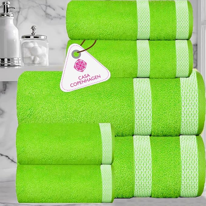 CASA COPENHAGEN Solitaire 6 Pieces Towel Set- Lime Green, 600 GSM 2 Bath Towel 2 Hand Towel 2 Washcloth, Designed in Denmark Made of Soft Egyptian Cotton for Bathroom, Kitchen & Shower