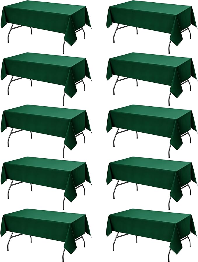 10-Pack Hunter Green Tablecloths for Rectangle Tables, 60 x 84 Inches, Stain-Resistant Polyester Fabric for 4 Foot Tables - Washable Table Covers for Weddings, Birthday Parties, Events