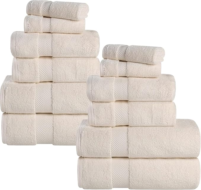 Superior Zero Twist Cotton 12 Piece Assorted Towel Set, Includes 4 Bath, 4 Hand, 4 Washcloth/Face Towels, Quick Dry, Home Essentials, Shower, Spa, Luxury Plush Soft Absorbent Towels, Ivory