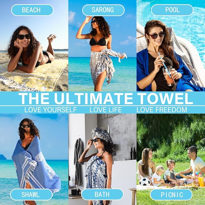 2 Pack Turkish Beach Towel Quick Dry Absorbent Cotton Lightweight Thin Bathroom Bath Pool Swim Towels Extra Large Oversized Sand Free Beach Accessories Essentials Stuff Cloud Adults Gift