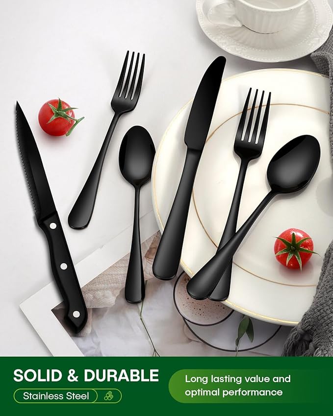 24-Piece Black Silverware Set with Steak Knives Food-Grade Stainless Steel Flatware Set for 4 Mirror Cutlery Include Spoon Fork Knife Set Dishwasher Safe Utensil Sets for Home Restaurant