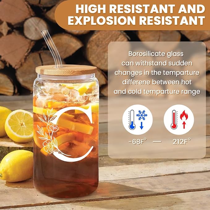 SANDJEST Monogrammed Gifts for Women - Monogram C Initial Glass Cup 16 Oz Can Coffee Cups with Lid and Straw - Monogram Initials Gifts for Womens on Birthday