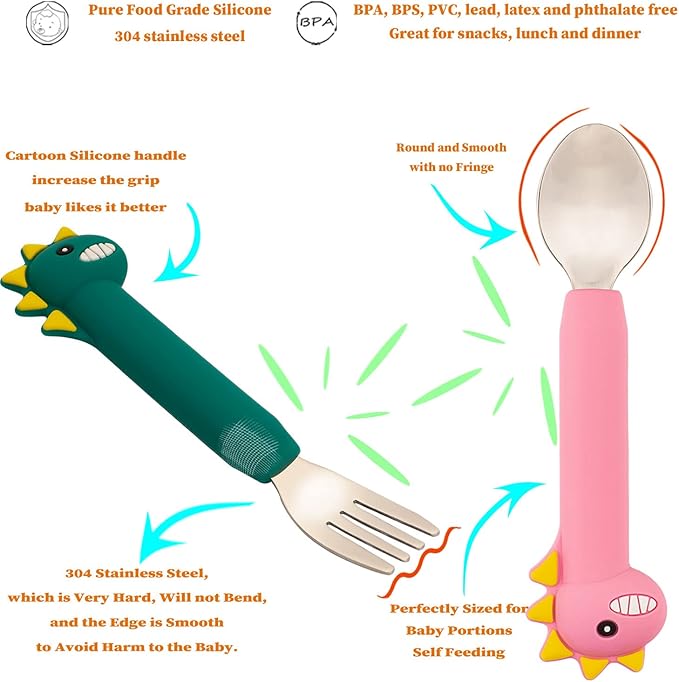 Toddler Utensils,Baby Spoons Fork Sets,Kids Silverware with Silicone Handle,Dinosaur Toddler Spoons Forks-Pink