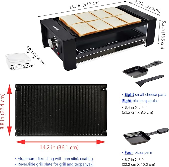 TAMARIT Raclette Party Grill Portable Indoor Electric Korean BBQ Grill 2 in 1 Raclette Table Griddle with Nonstick Coating Plate 4 Pizza Pans 8 Cheese Trays Upper and Lower Heater, PFAS-No