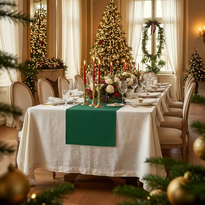 D'Moksha Homes Linen Forest Green Table Runner 120 Inches Long - 100% Pure Linen Dining Table Runner 14 x 120 Inch for Winter, Christmas, Holiday, New Year - Machine Washable