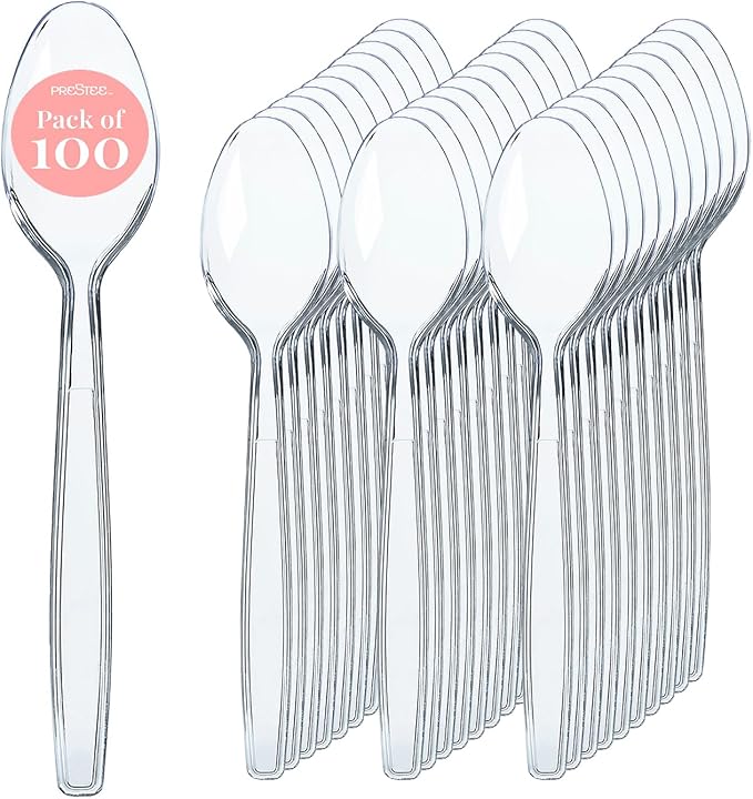 Prestee 100 Pack Clear Plastic Spoons Bulk - Heavy Duty 6" Plastic Silverware Spoons for Weddings, Parties and Catering Events - Heat-Resistant Utensils Disposable Spoons for Hot and Cold Food