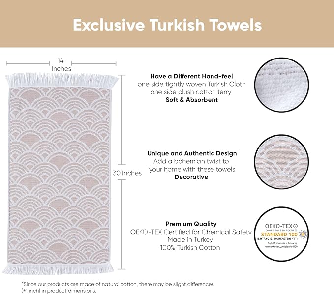 sea me at home Turkish Hand Towels for Bathroom, Kitchen Towels Decorative Set of 2, Luxury Turkish Cotton Dish Tea Towels 14 x 30 Inches for Modern, Boho, and Farmhouse Decor (Beige Waves)