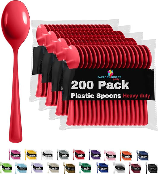 Party Solids Heavy Duty Red Plastic Disposable Cutlery - 200 Pieces, Flatware, Silverware, Plastic Spoons