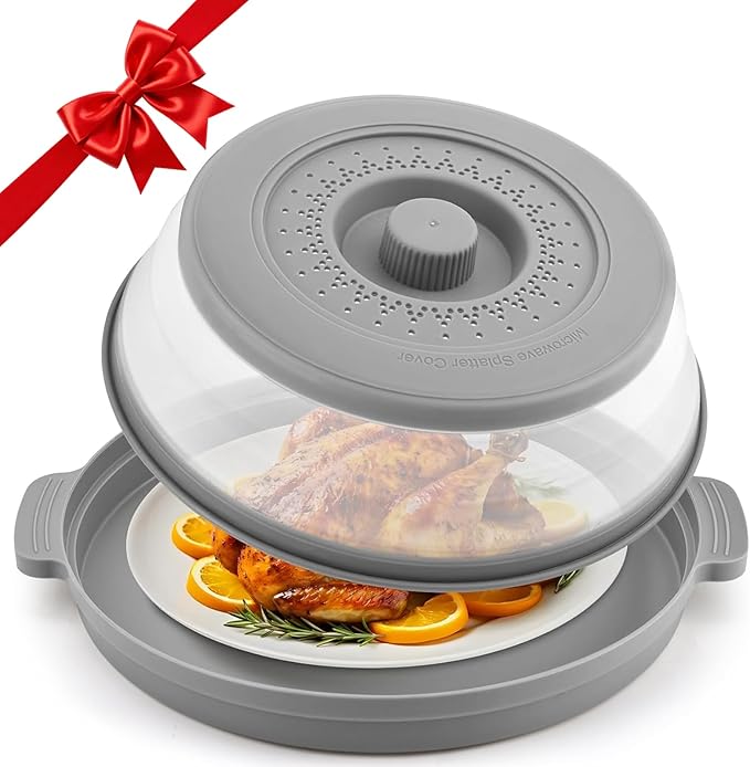 Microwave Splatter Cover for Food with Anti-scald Base Plate,Large Plastic & Silicone Vented Avoid Scalding Collapsible Guard Lid,Kitchen Essential Gadgets for Meal Prep-10.7 Inch (gray)