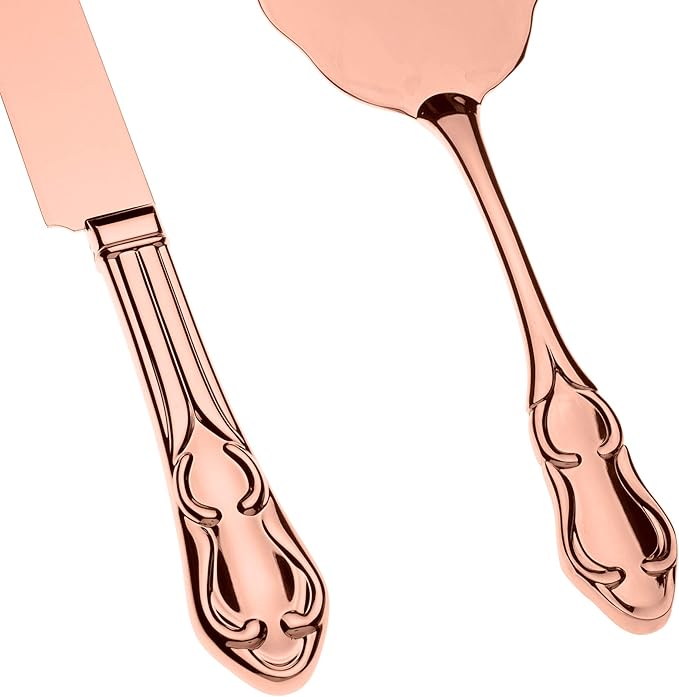 Ella Celebration Rose Gold Engravable Cake Knife & Server Set for Engraving, Rose Gold Wedding, Anniversary, Vintage Party Supplies (Elegant Rose Gold Engravable)
