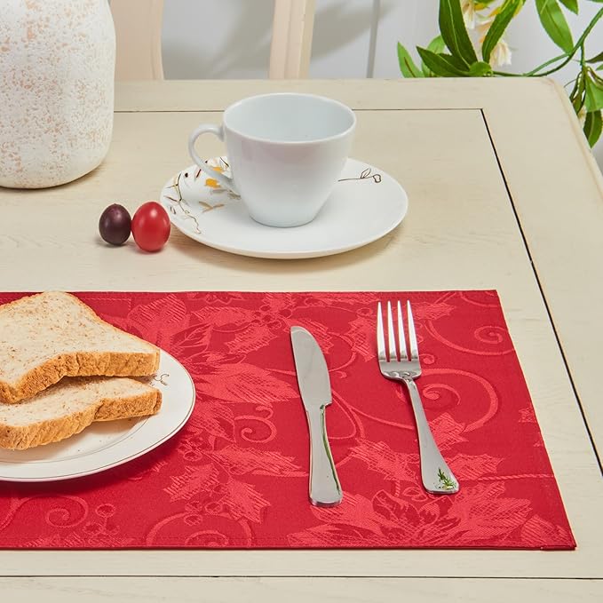 Cloth Place Mats Set of 8–Reusable Rectangular Waterproof Fabric Polyester Washable Wipeable Heat Resistant jacquard floral flowers for Kitchen Dining Dinner Wedding Table(Dark Red/13x19 Inch)