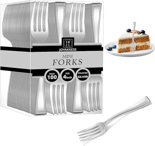 100 PCS Silver Mini Forks Heavy Duty, 4 inch Silver Plastic Fork, Mini Forks for Appetizers, Dessert Fork Disposable, BPA Free, Food Safe, Suitable for All Occasions