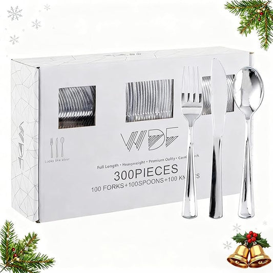WDF 300 Pieces Silver Plastic Silverware - Plastic Silverware Heavy Duty - 100 Forks 100 Knives 100 Spoons - Disposable Silver Cutlery Perfect for Party/Wedding/Christmas