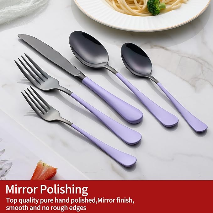 20-Pieces Purple and Black Silverware Sets for 4,Purple Handle Stainless Steel Cutlery Set, Include Forks Spoons and Knives Set, Dishwasher Safe Utensil Sets for Home Restaurant