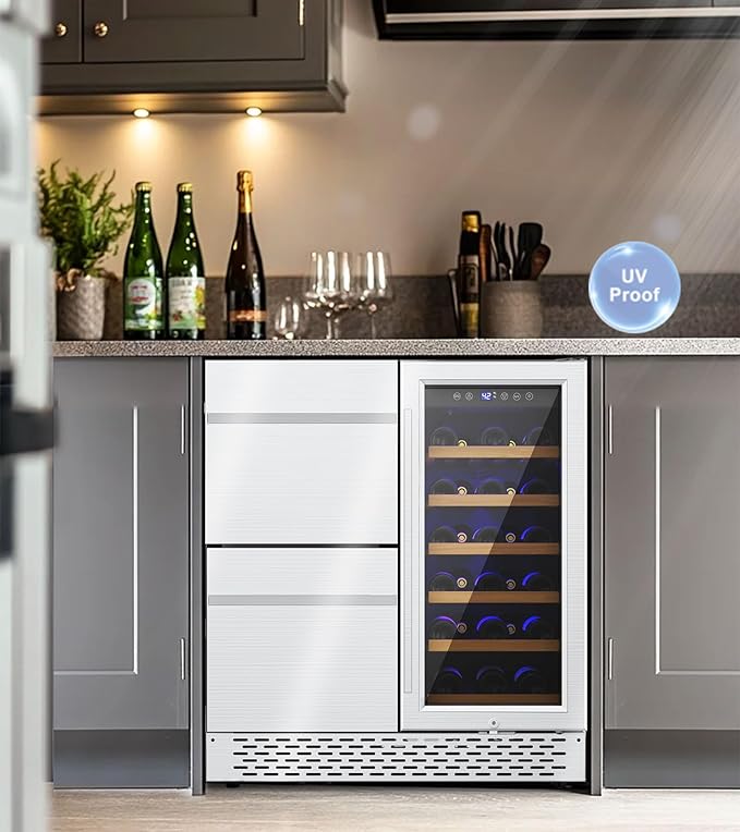 30'' Outdoor Wine and Beverage Refrigerator 120 Cooler, 2 Drawer Dual Zone Wine Fridge with Intelligent Control Advanced Compressor Under Counter Freestanding for Patio Bar Cabinet