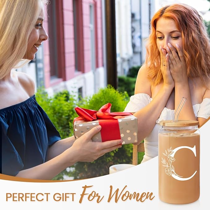 SANDJEST Monogrammed Gifts for Women - Monogram C Initial Glass Cup 16 Oz Can Coffee Cups with Lid and Straw - Monogram Initials Gifts for Womens on Birthday