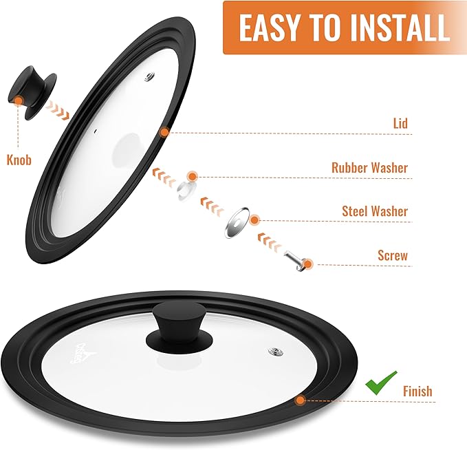Universal Lids for Pots, Pans and Skillets, 10.5", 11" and 12" Pan Lid, Tempered Glass Pot Lid with Silicone Rim Heat Resistant, Replacement Pan Cover for Frying, Wok, Crock Pot Lid, Black