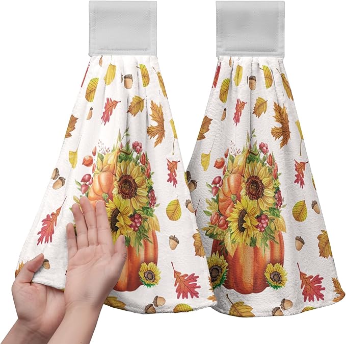 Fall Pumpkin Sunflower Bathroom Hand Tie Towel Autumn Maple Leaf Hanging Dish Towels Set of 2 Decorative Kitchen Towel Soft Absorbent Towels for Bathroom Kitchen Home Decor 17 * 12 Inch