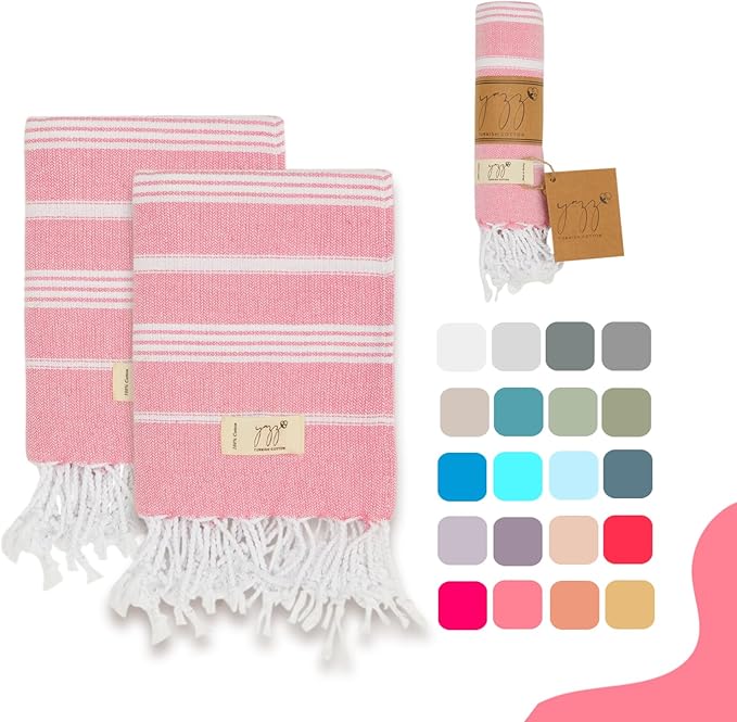 Turkish Hand Towels - Set of 2, 18" x 30" inches, Lightweight Cotton Towel Prewashed Hand Towels for Kitchen, Bath, Guest, Face, Hair, Gym, Yoga, Dishcloth, Travel (Pink)