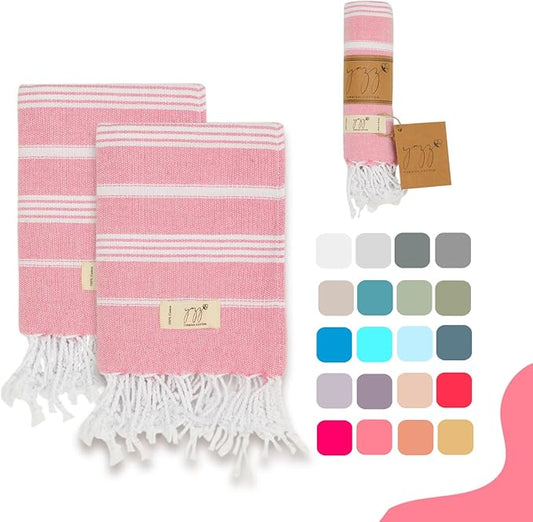 Turkish Hand Towels - Set of 2, 18" x 30" inches, Lightweight Cotton Towel Prewashed Hand Towels for Kitchen, Bath, Guest, Face, Hair, Gym, Yoga, Dishcloth, Travel (Pink)