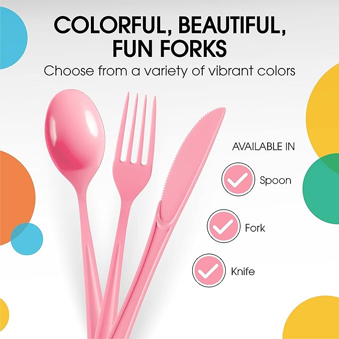 Party Solids Pink Plastic Forks 200 Pieces Pink Forks Disposable Utensils Heavy Duty Plastic Cutlery Set Disposable Cutlery Sets Flatware Sets Silverware Set Party Supplies & Party Tableware