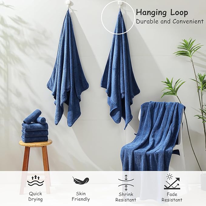 18 Pcs Navy Woven Family Towels Set-6 Bath Sheets,6 Hand Towels,6 Washcloths Soft Microfiber Towels Absorbent Shower Towel Quick Dry Beach Chair Towel Lint Less Towels Set for Bathroom Spa Gym Hotel